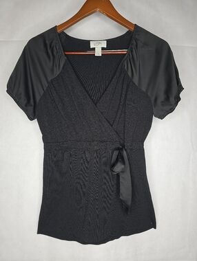 LOFT Black Wrap Top Satin Short Sleeve V-neck Tie Waist Knit Blouse M